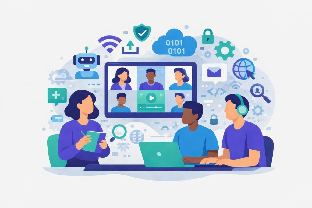 WeChange.AI essential digital literacy image main image showing lots of technology related symbols and people