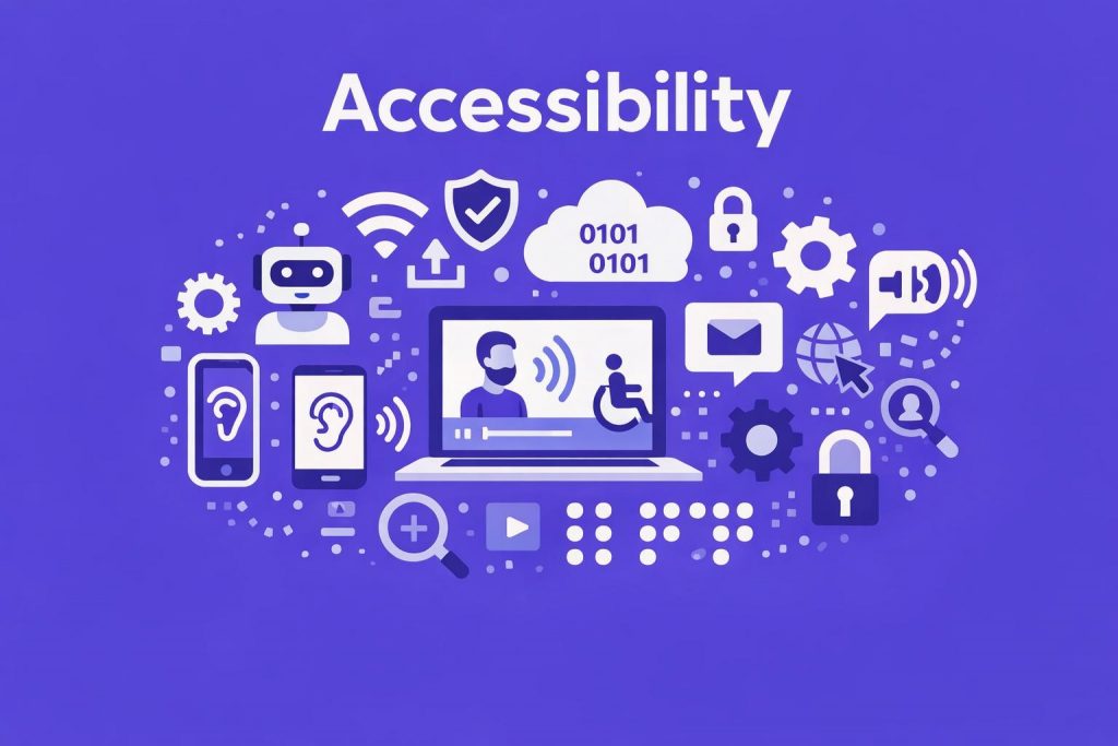 Image for Accessibility section of the WeChange.AI website. Purple background, the word Accessibility and technology related symbols.