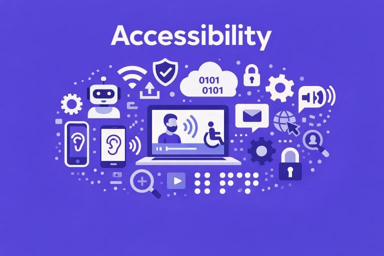 Image for Accessibility section of the WeChange.AI website. Purple background, the word Accessibility and technology related symbols.