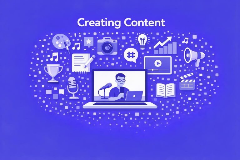 WeChange.AI purple image showing Creating Content header and icons representing technology