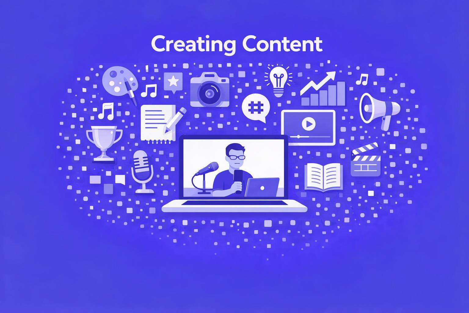 WeChange.AI purple image showing Creating Content header and icons representing technology