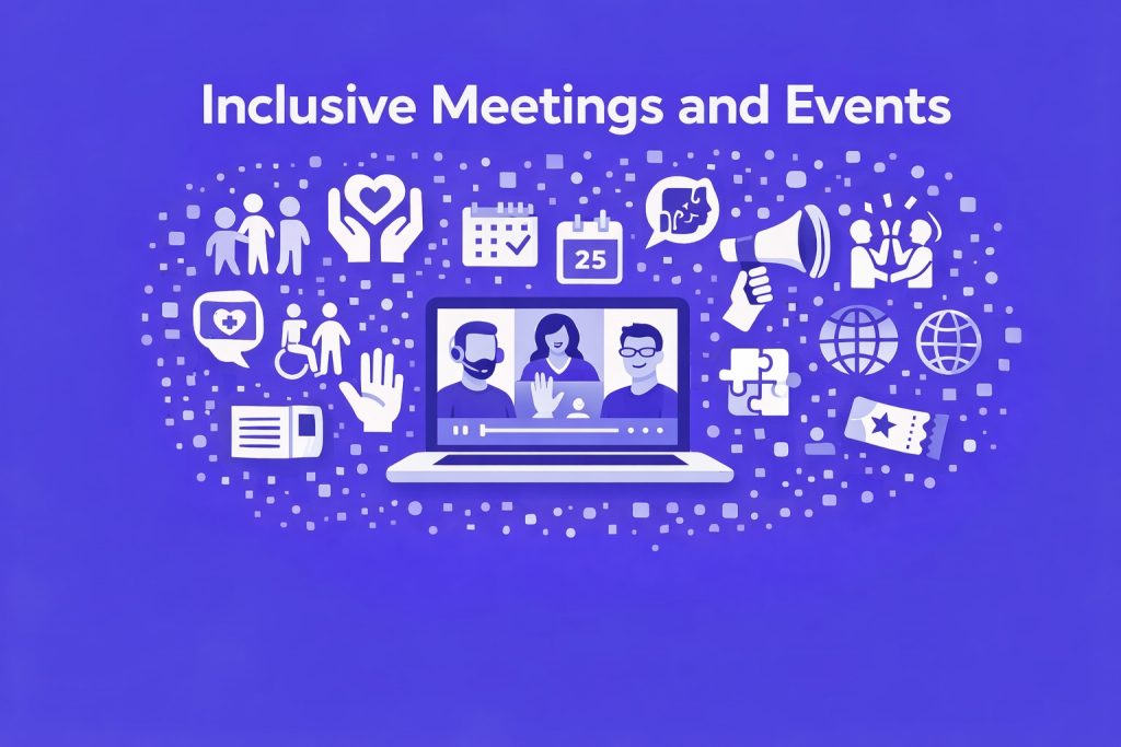 WeChange.AI image accessibility series Inclusive Meetings and Events purple background with technology symbols
