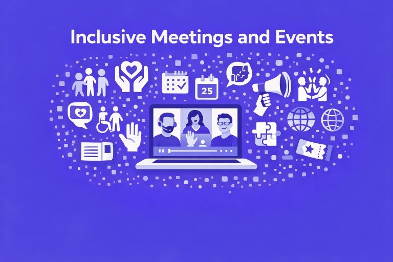 WeChange.AI image accessibility series Inclusive Meetings and Events purple background with technology symbols