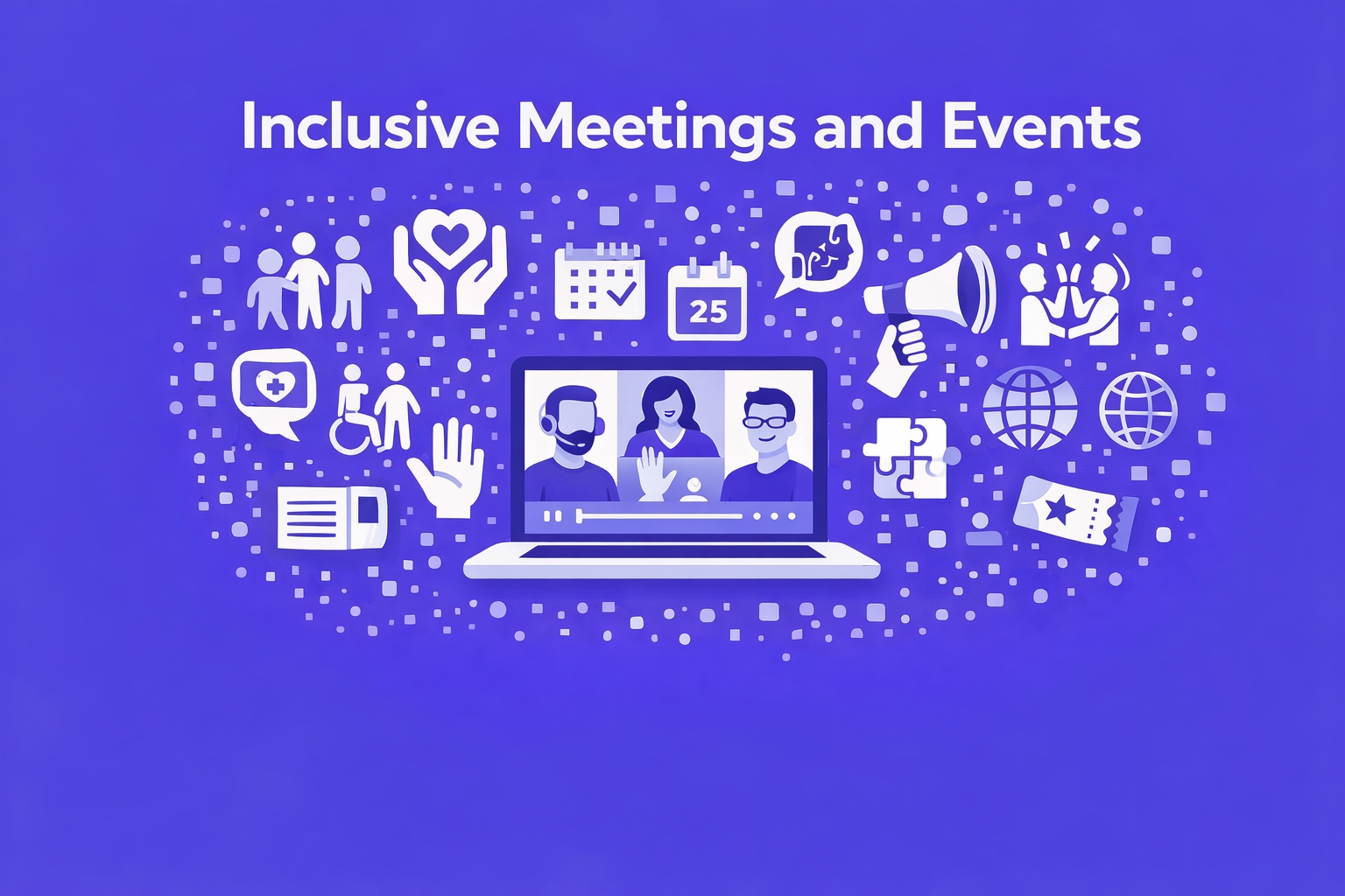 WeChange.AI image accessibility series Inclusive Meetings and Events purple background with technology symbols