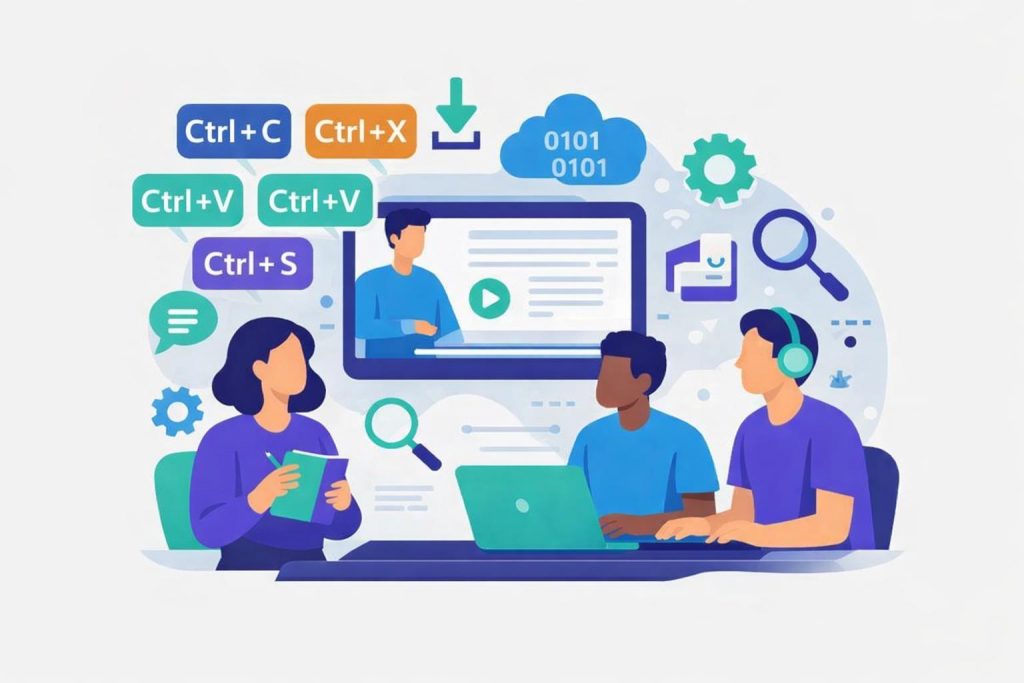 WeChange.AI digital literacy image showing people and technology related symbols specifically keyboard shotcuts
