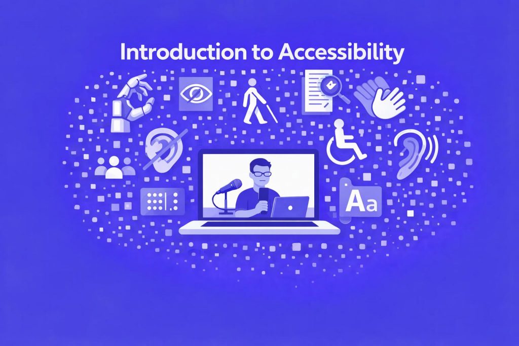 Purple image with Introduction to Accessibility written at the top and images representing technology.