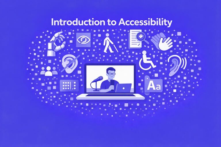 Purple image with Introduction to Accessibility written at the top and images representing technology.