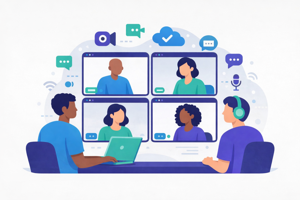WeChange.AI online meetings guide image showing cartoon people having an online meeting