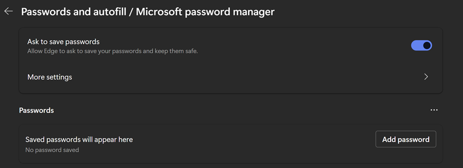 Microsoft Edge (internet browser) options from the settings bar - specifically password details, password manager. 