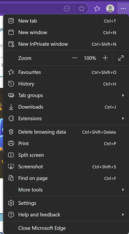 Microsoft Edge (internet browser) options from the settings bar. 