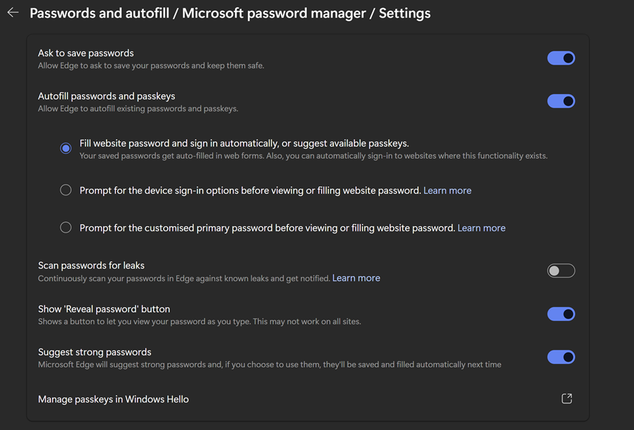 Microsoft Edge (internet browser) options from the settings bar - specifically password details, password manager with options.