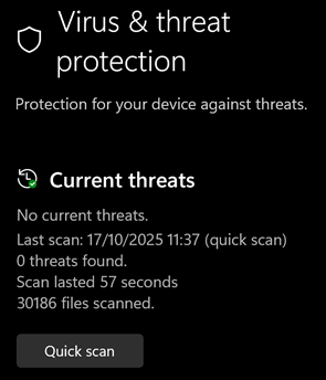 Virus threat protection options in Windows.