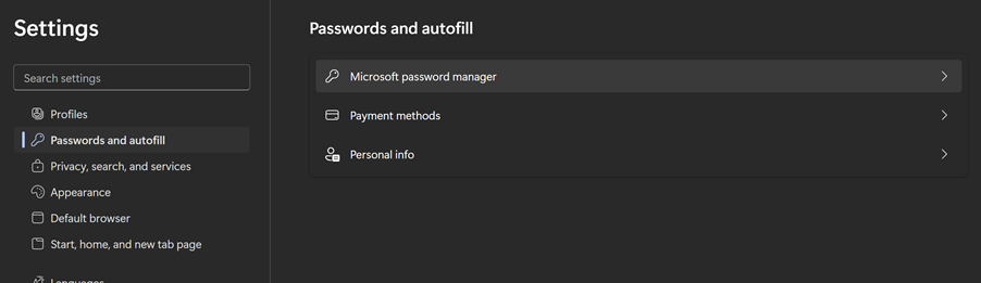 Microsoft Edge (internet browser) options from the settings bar - specifically password details.
