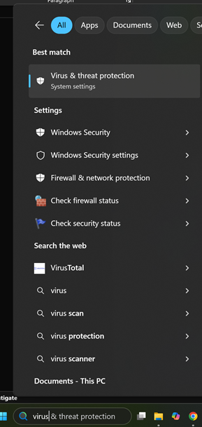 Virus threat protection options in Windows.