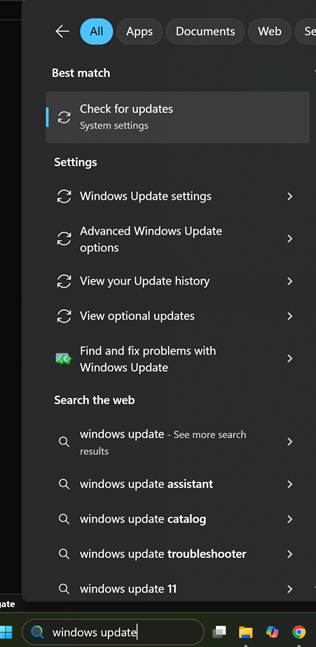 Windows updates options and how to navigate them from search bar. 