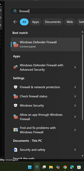 Windows Firewall options from task bar in Windows. 