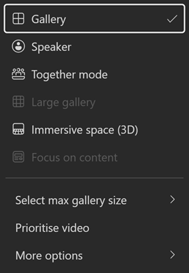 The options in Microsoft Teams to change the view in Microsoft Teams. 