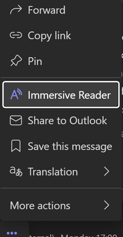 Screenshot of the process to access immersive reader in Microsoft Teams